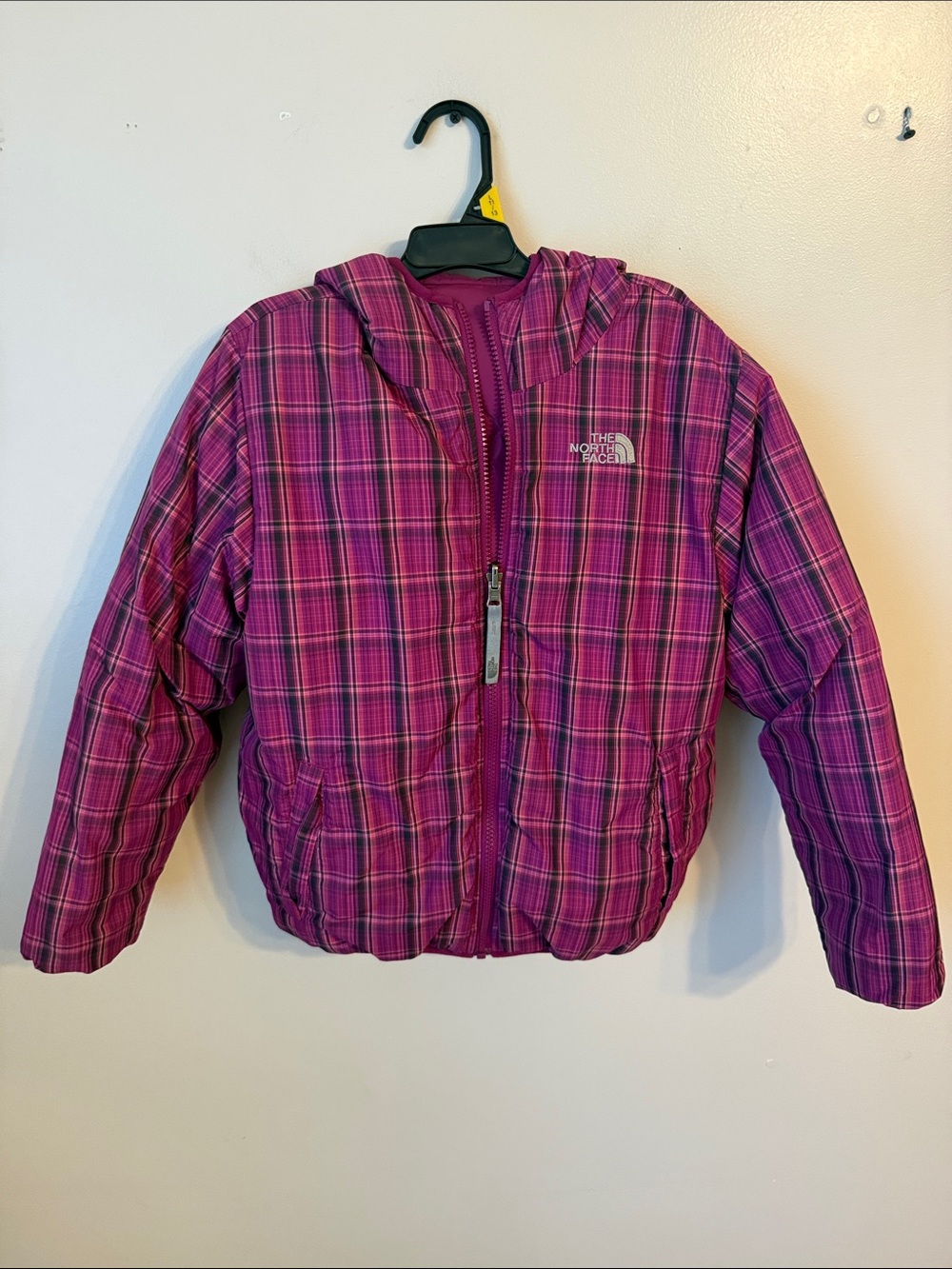The North Face Puffer Jacket Girls Pink Plaid Reversible 550 Down Size Medium